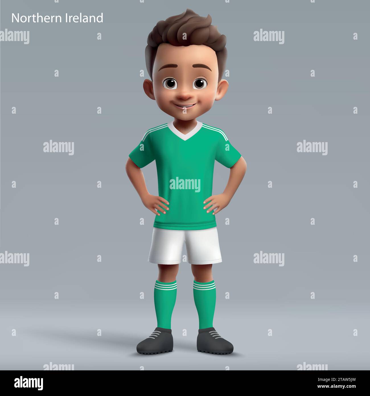 3d cartoon cute young soccer player in Northern Ireland national team kit. Football team jersey Stock Vector
