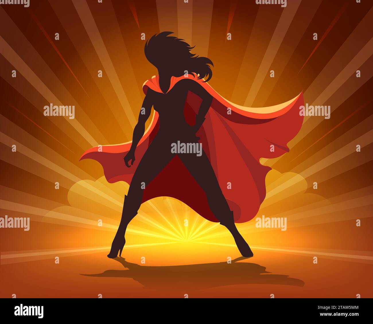 Superhero Woman Silhouette in Red cap Posing on Burst Background vector illustration - Stock Image
