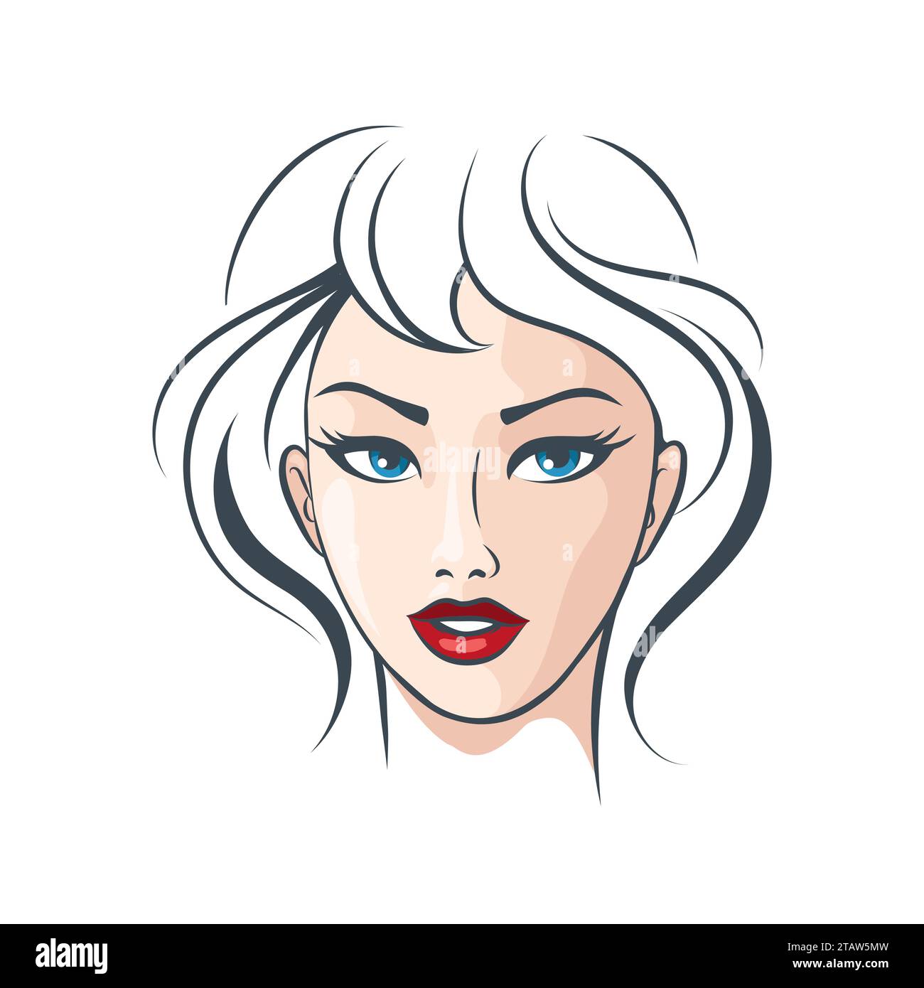 Hand Drawn Beautiful Girl Face with Make Up isolated on white vector illustration - Stock Image