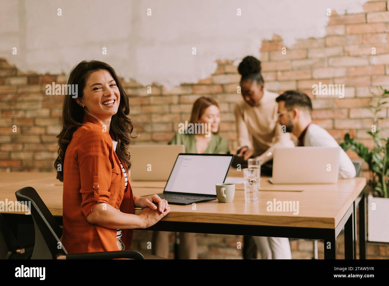 Pretty business woman working on laptop with her young multiethnic startup team in the modern office Stock Photo