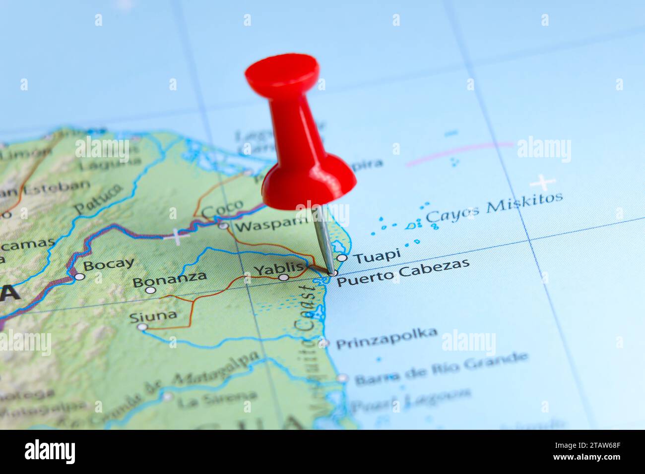 Puerto Cabezas, Nicaragua pin on map Stock Photo