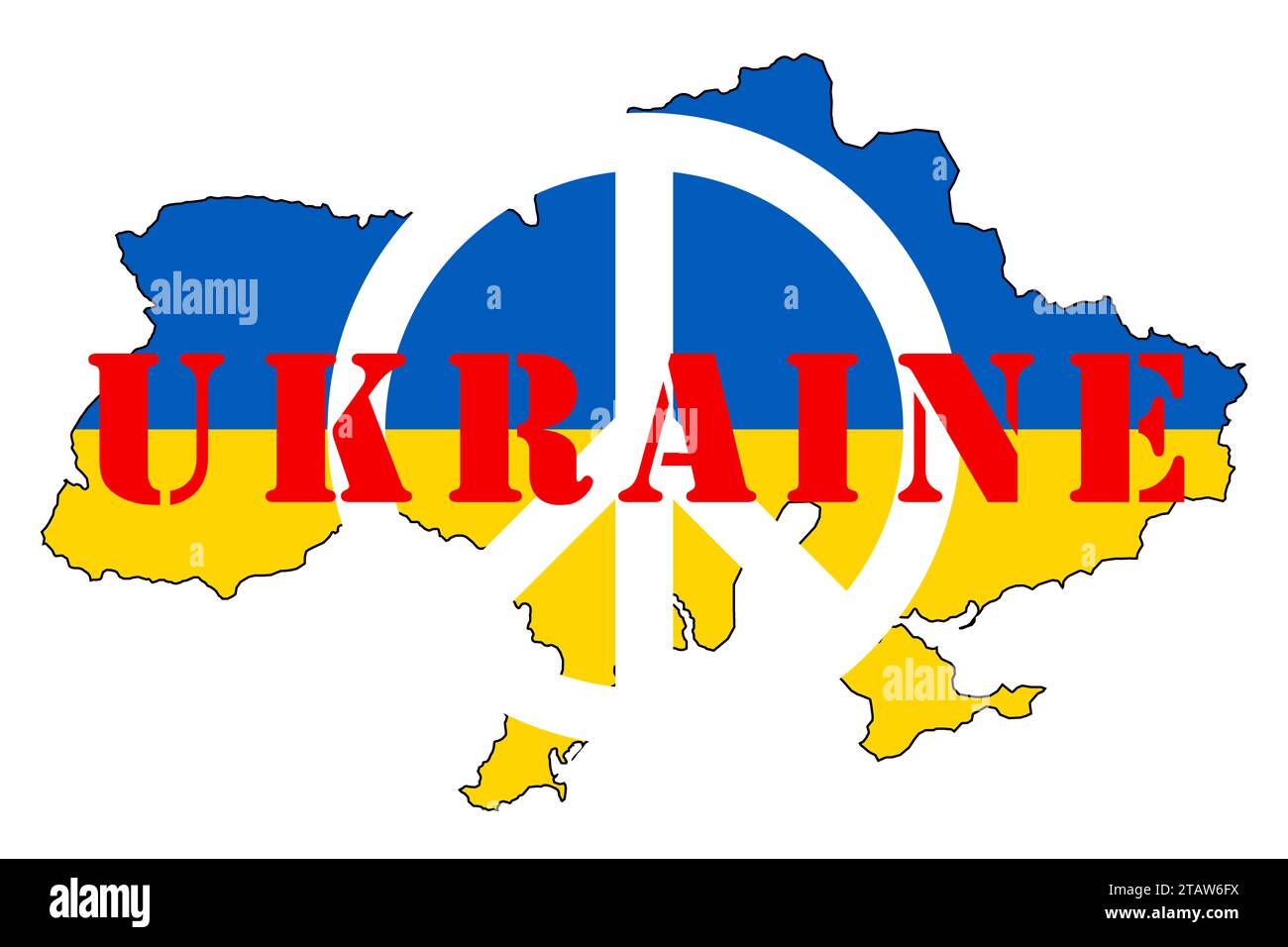 Ukraine with the shape, colors and name of the nation, illustrated graphics for the logo with the peace symbol. Stock Photo