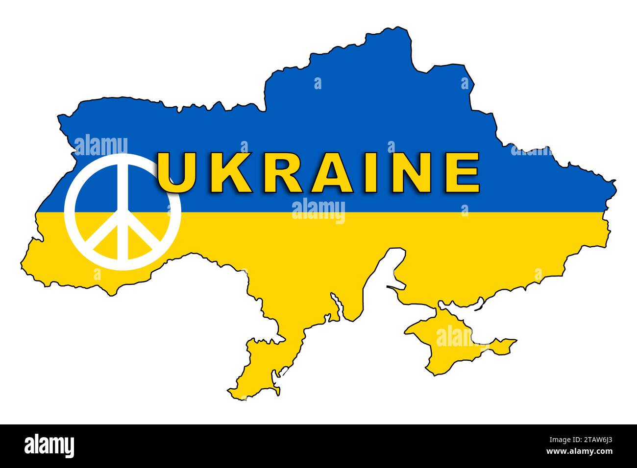 Ukraine with the shape, colors and name of the nation, illustrated graphics for the logo with the peace symbol. Stock Photo