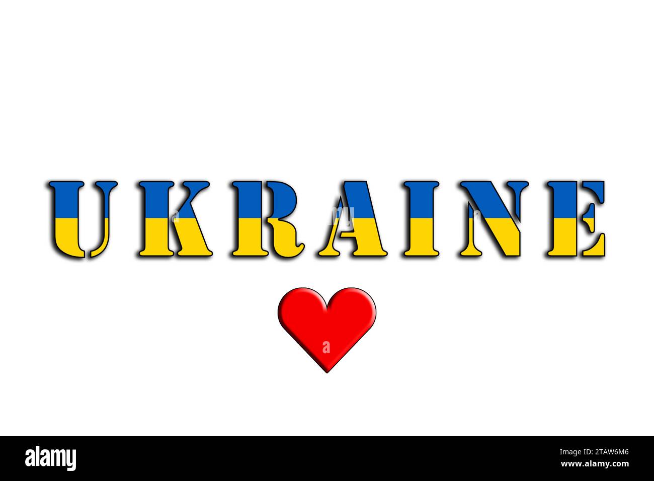 Ukraine, the name of the country and the colors of the flag, illustrated graphics of the logo and heart for the Ukrainian people Stock Photo