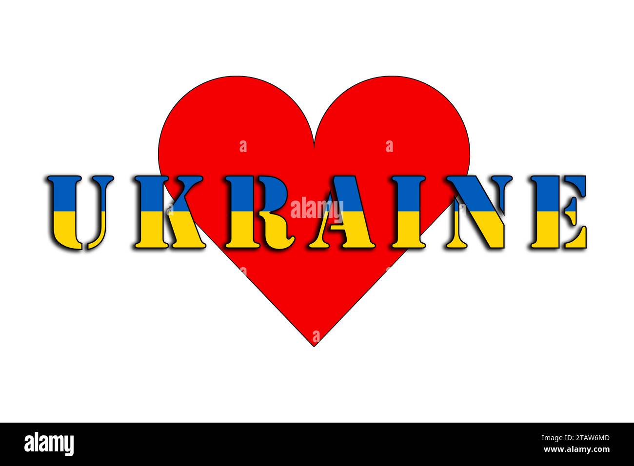 Ukraine, the name of the country and the colors of the flag, illustrated graphics of the logo and heart for the Ukrainian people Stock Photo