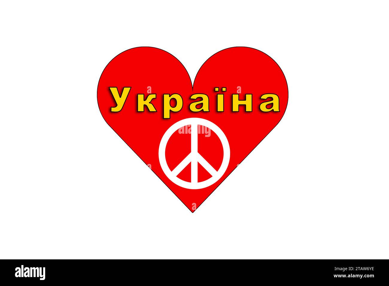 Ukraine, the name of the country, illustrated graphics of the peace logo and heart for the Ukrainian people Stock Photo