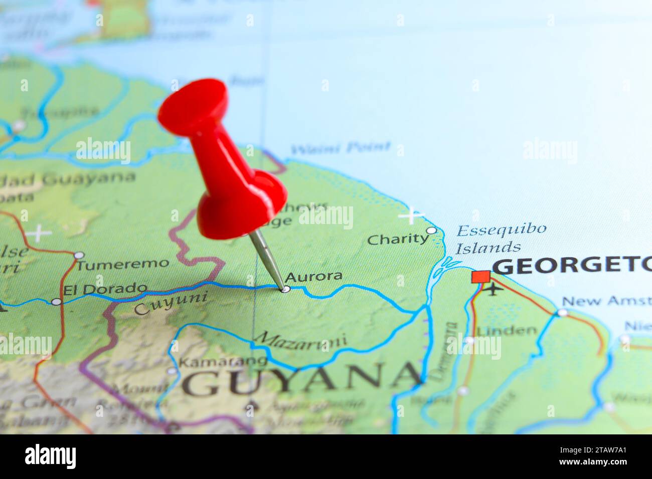 Aurora, Guayana pin on map Stock Photo