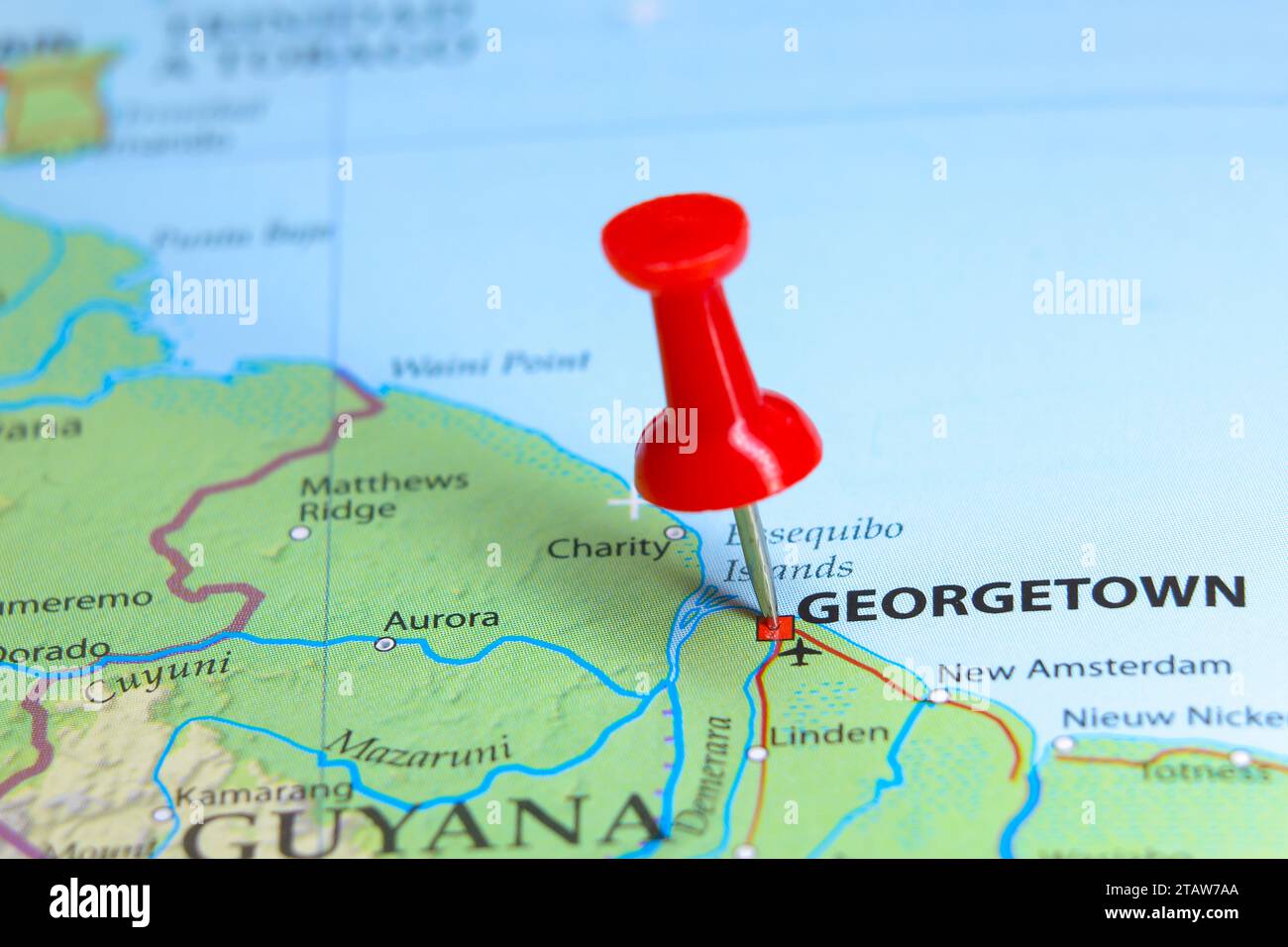 Georgetown, Guayana pin on map Stock Photo