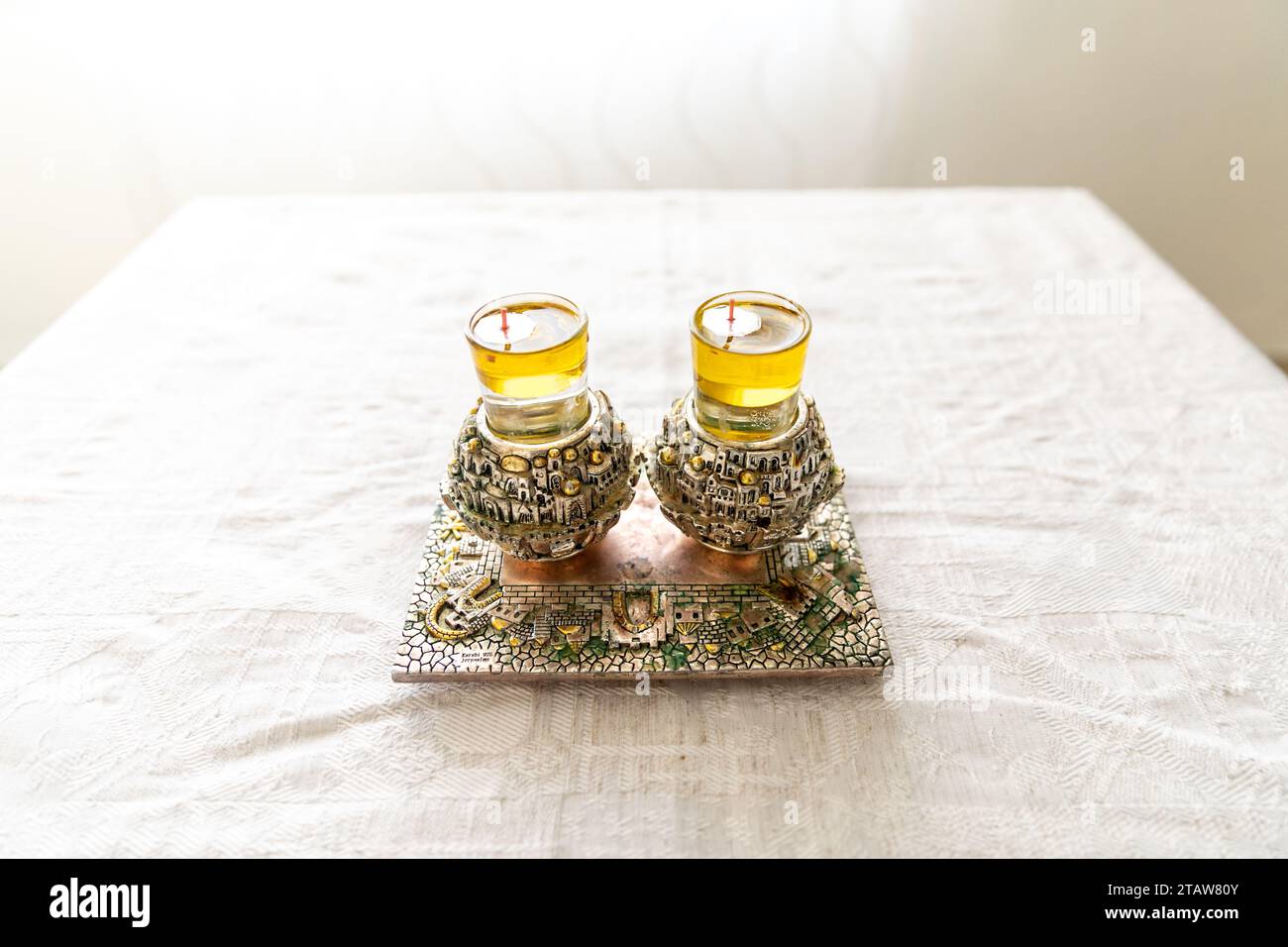 A pair of a special Shabbat candlesticks with the city of Jerusalem