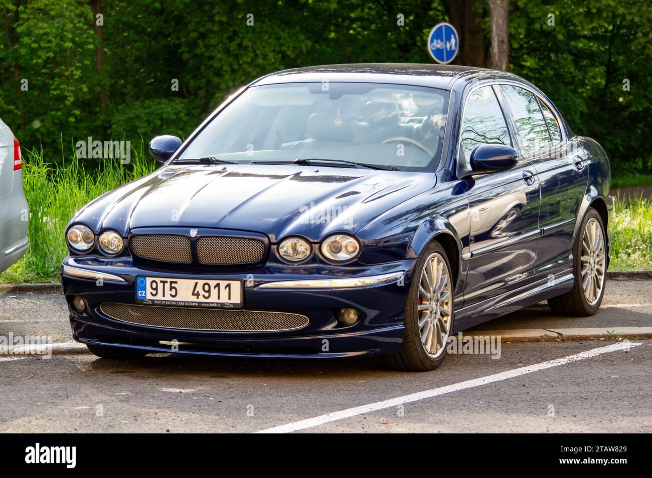 HAVIROV, CZECH REPUBLIC - MAY 5, 2023: Jaguar X-Type X400 luxury sedan with British blue colour Stock Photo