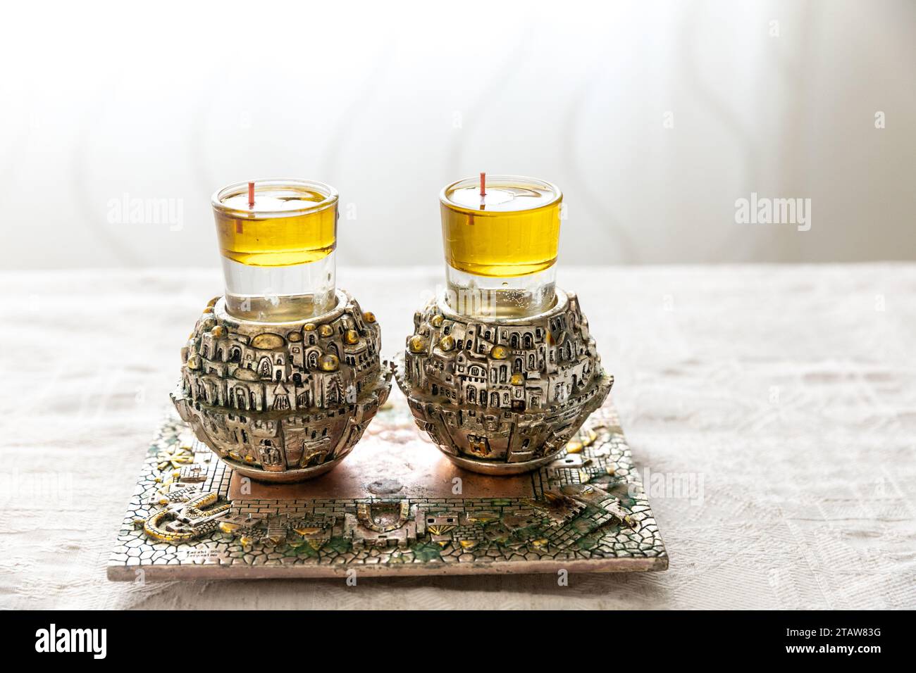 A pair of a special Shabbat candlesticks with the city of Jerusalem