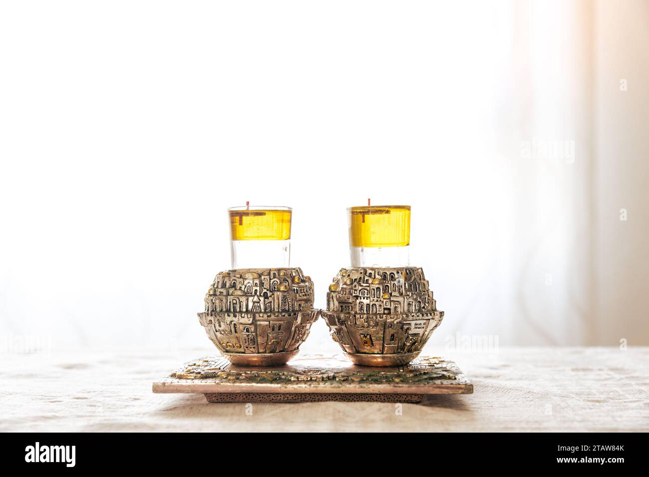 A pair of a special Shabbat candlesticks with the city of Jerusalem
