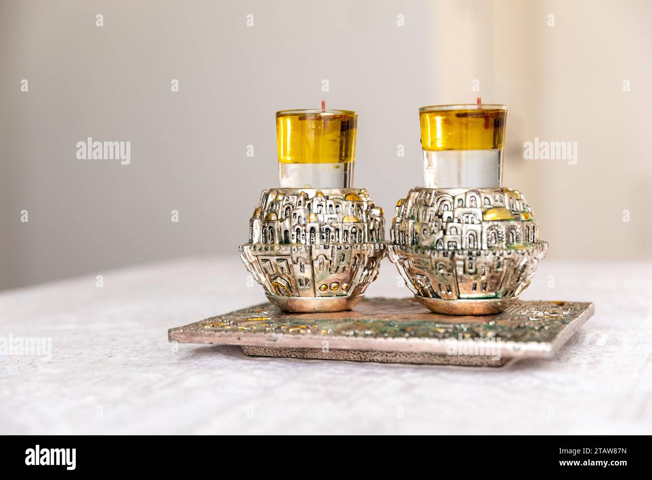 A pair of a special Shabbat candlesticks with the city of Jerusalem