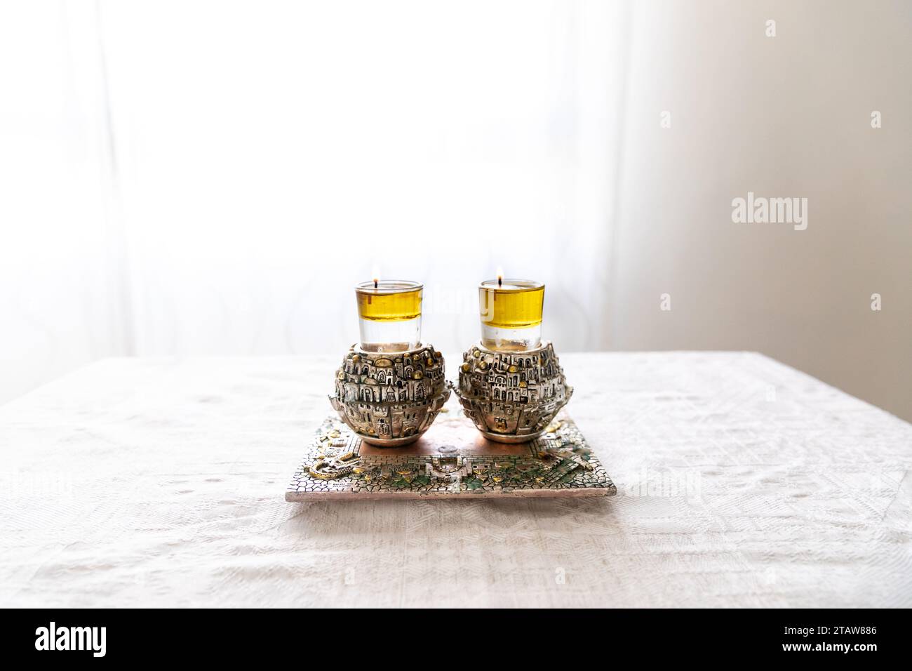 A pair of a special Shabbat candlesticks with the city of Jerusalem
