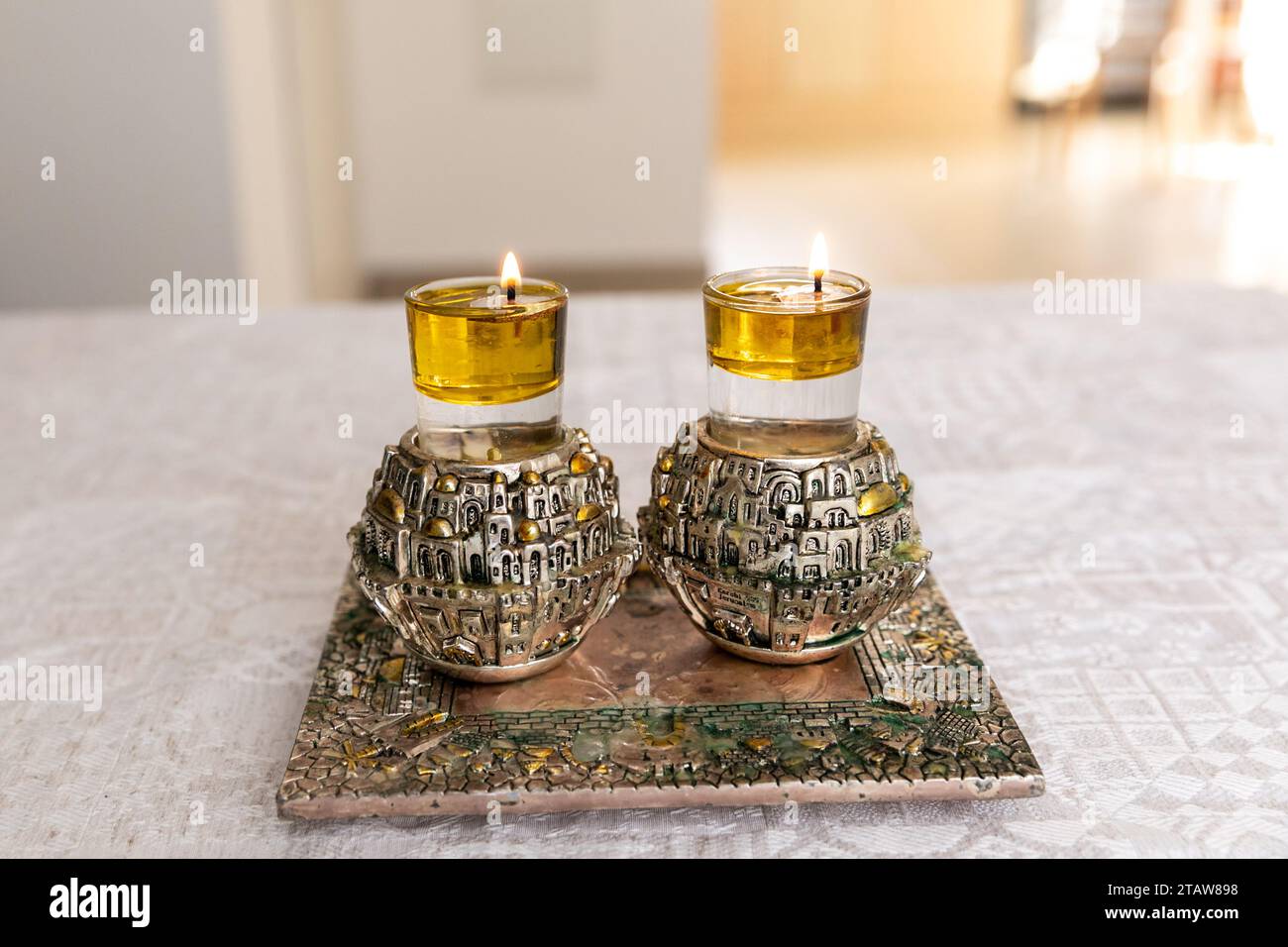 A pair of a special Shabbat candlesticks with the city of Jerusalem