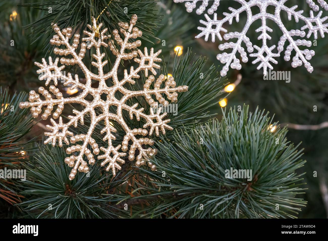 Christmas tree with snowflake decorations and lights, a festive background Stock Photo