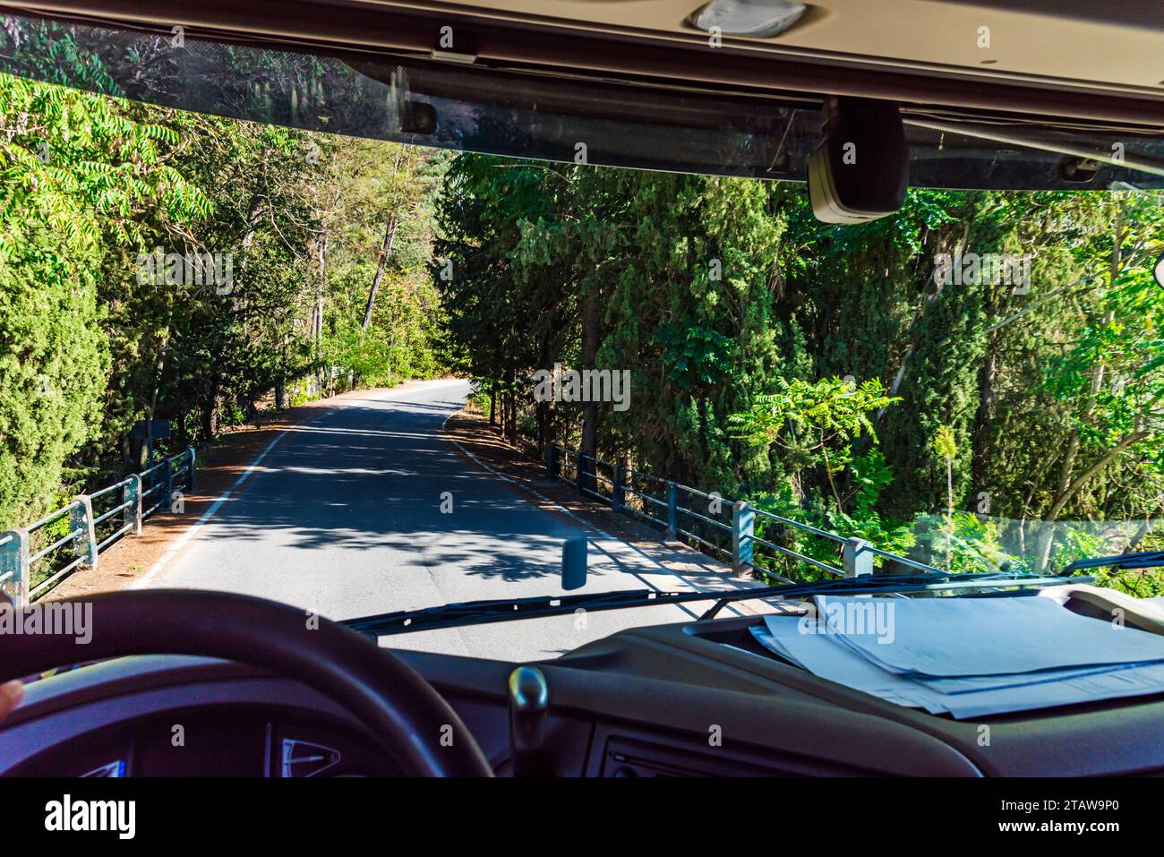 View from inside a truck of a narrow tree-lined. Stock Photo