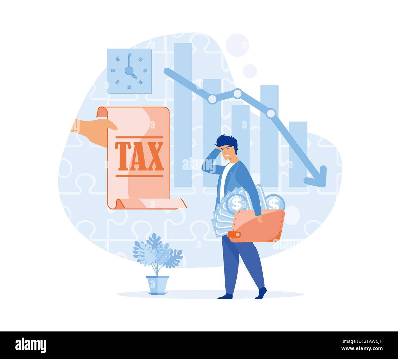 Tax burden or debt to pay for income tax, financial charge and duty to pay for government, Entrepreneur holding saving looking at tax bills. flat vect Stock Vector