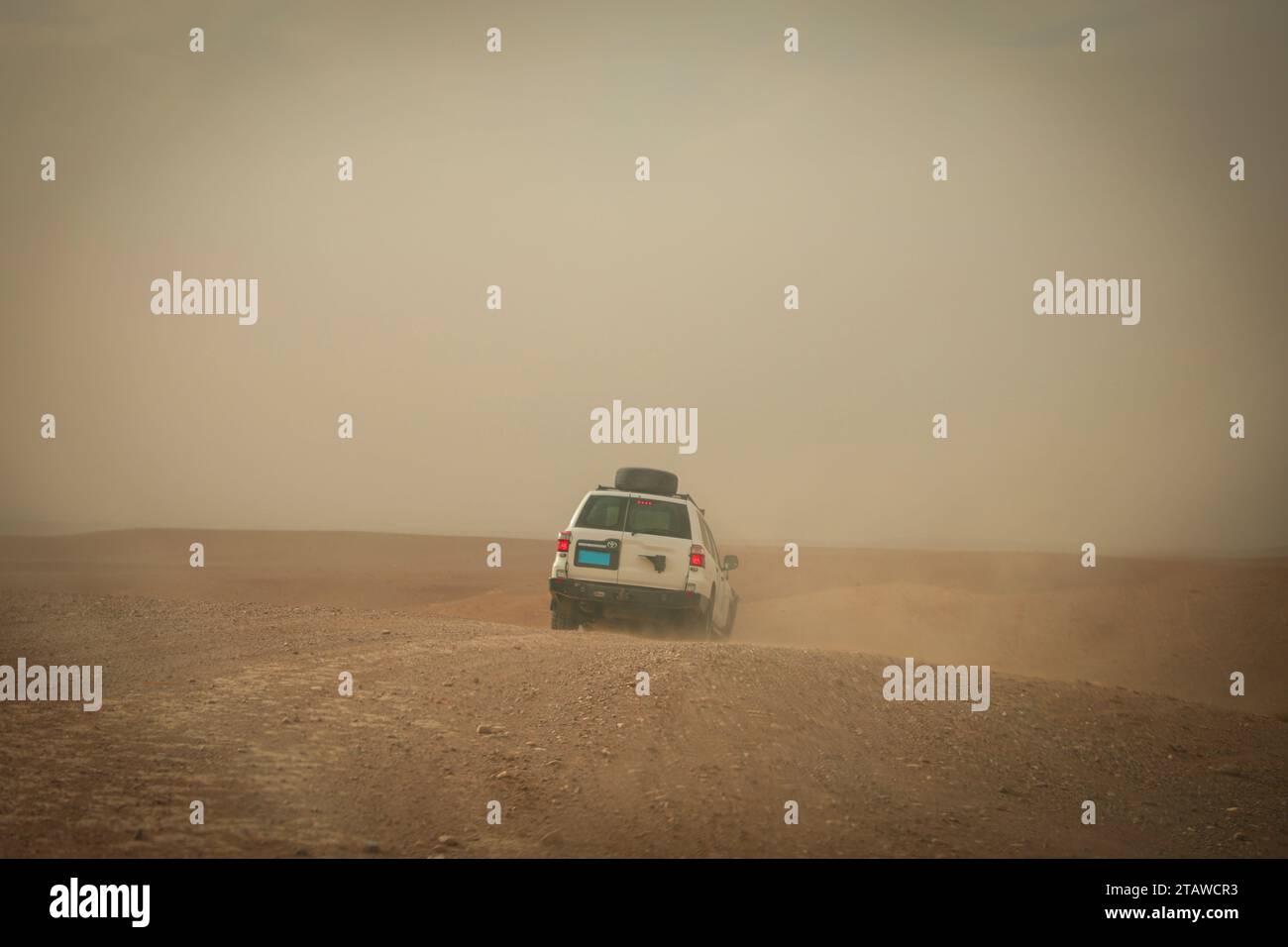 View of a desert with fog and sandstorm. Stock Photo