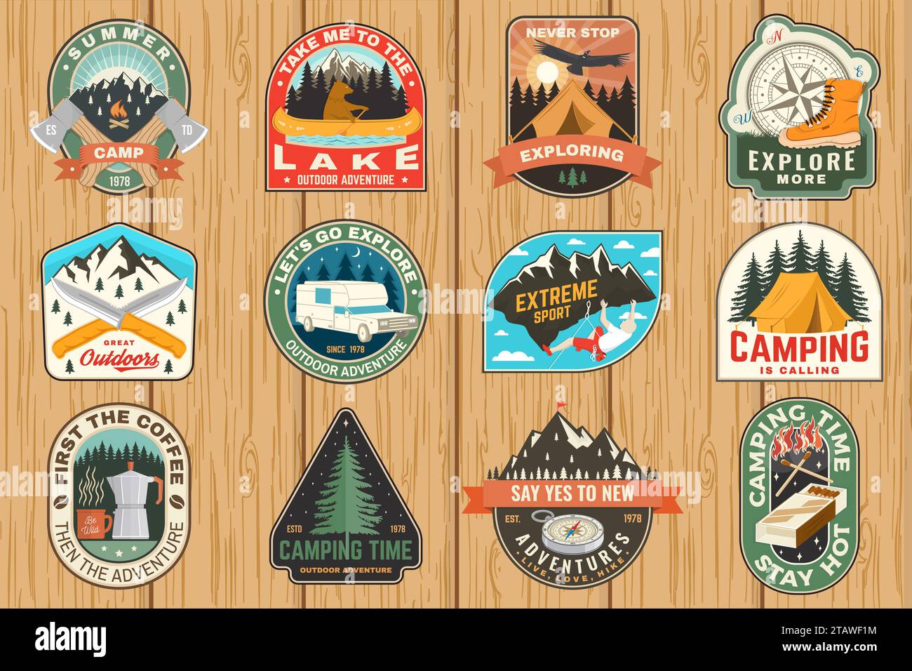 Set of camping patch, sticker. Outdoor adventure vector badge design. Vintage typography design with knives, bear in canoe, matches stick, burning Stock Vector