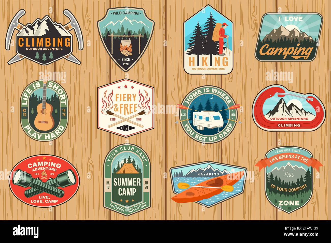 Set of camping patch, sticker. Outdoor adventure vector badge design. Vintage typography design with canoe, mountain, matches stick, burning lighter Stock Vector