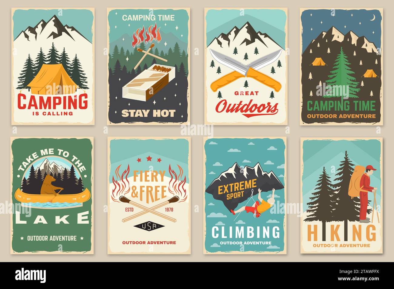 Set of camping retro posters. Outdoor adventure vector badge design. Vintage typography design with knives, bear in canoe, matches stick, burning Stock Vector