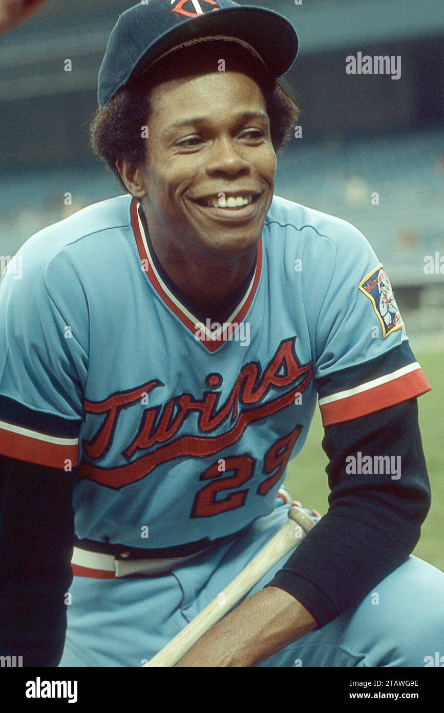 Portrait of all star first baseman Rod Carew of the Minnesota Twins. At Yankee stadium in 1982 during batting practice. Stock Photo