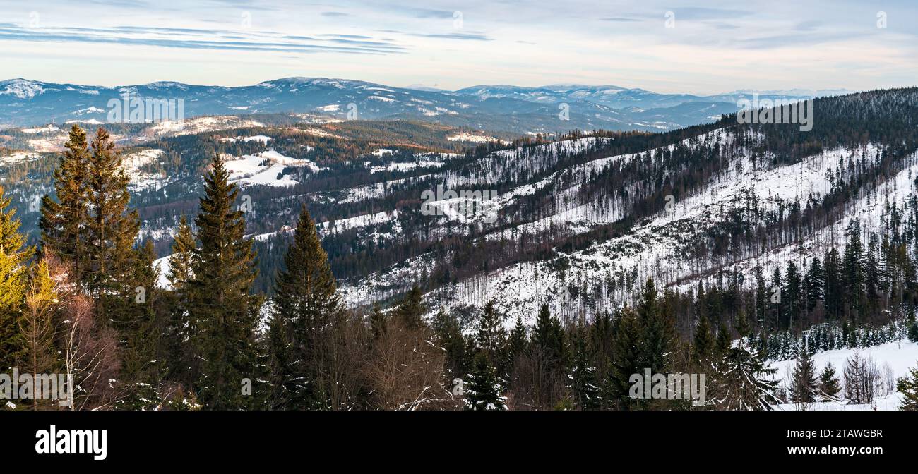 View from Wielki Stozek hill in winter Beskid Slaski mountains on polish - czech borders Stock Photo
