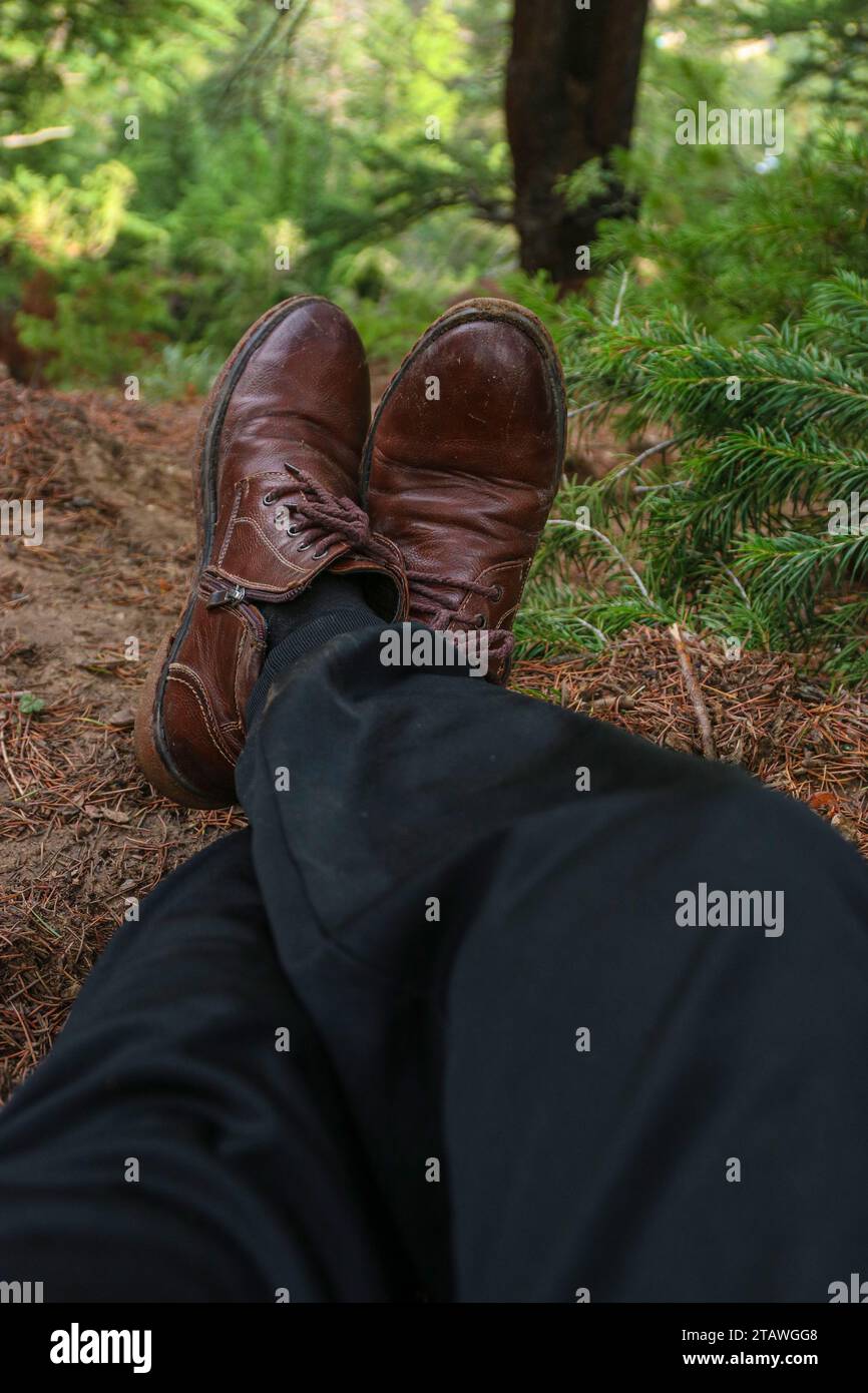 Point-of-view shot of a hiker man's feet in the forest. Stock Photo