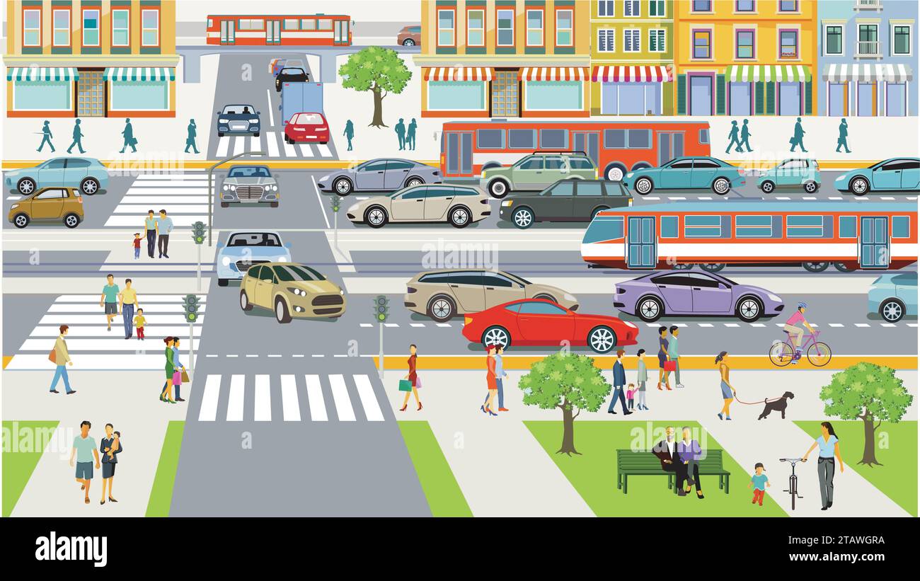 City skyline and Road traffic with people, illustration Stock Vector ...