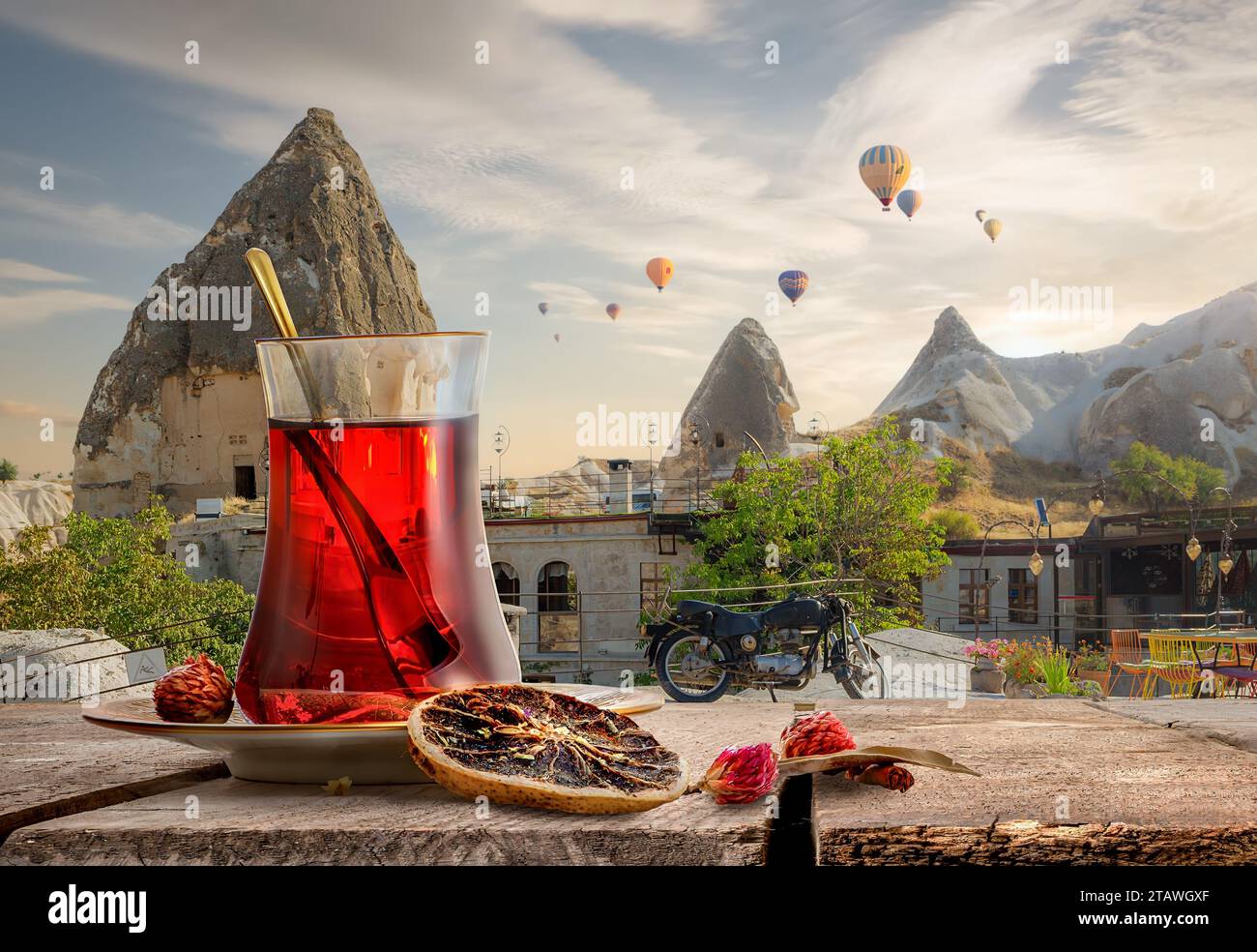 View of Cappadocia and a cup of Turkish tea Stock Photo