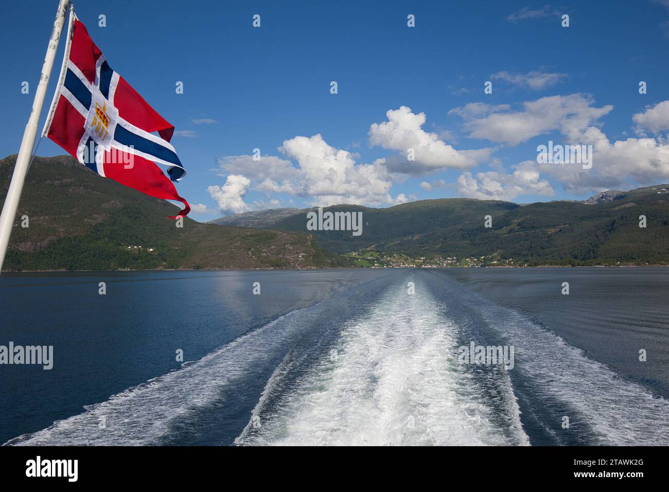 Norway, Hardangerfjord, Herand July 14, 2023 Norwegian postal flag