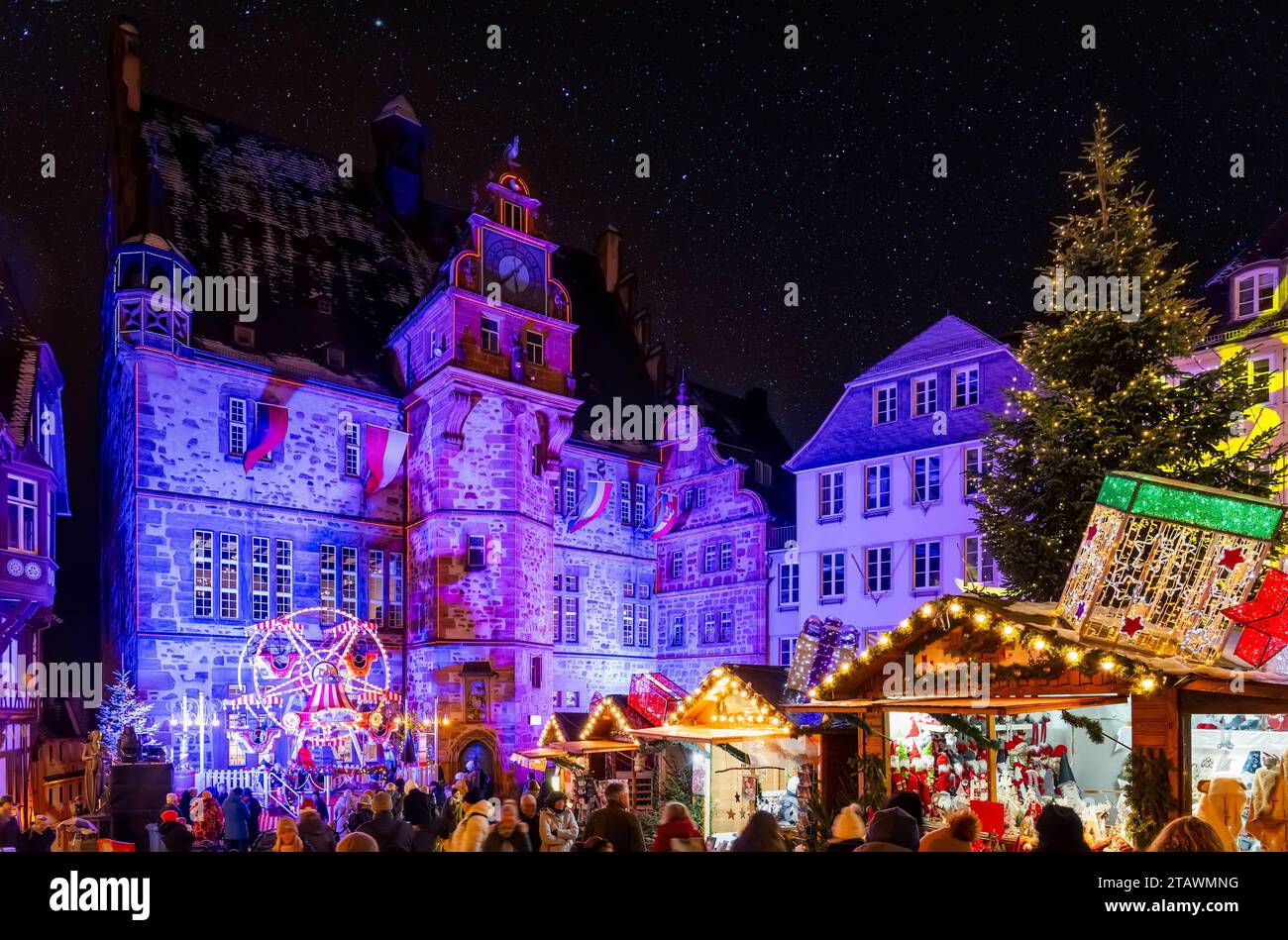 Marburg, old market square with Christmas decorations and Christmas