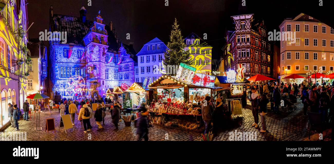 Marburg, panorama of the old market square with Christmas decorations