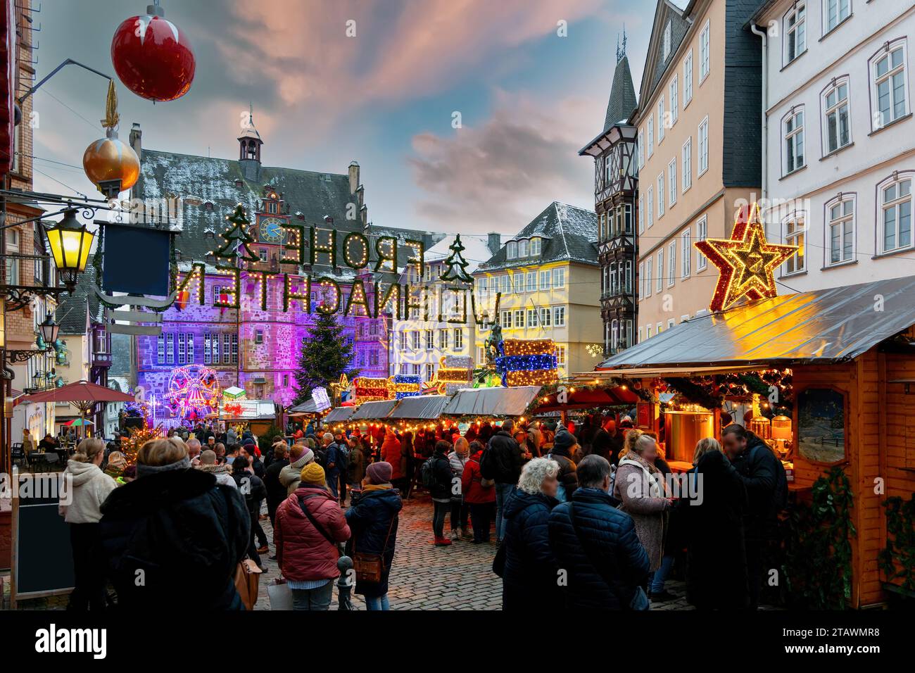 Marburg, old market square with Christmas decorations and Christmas
