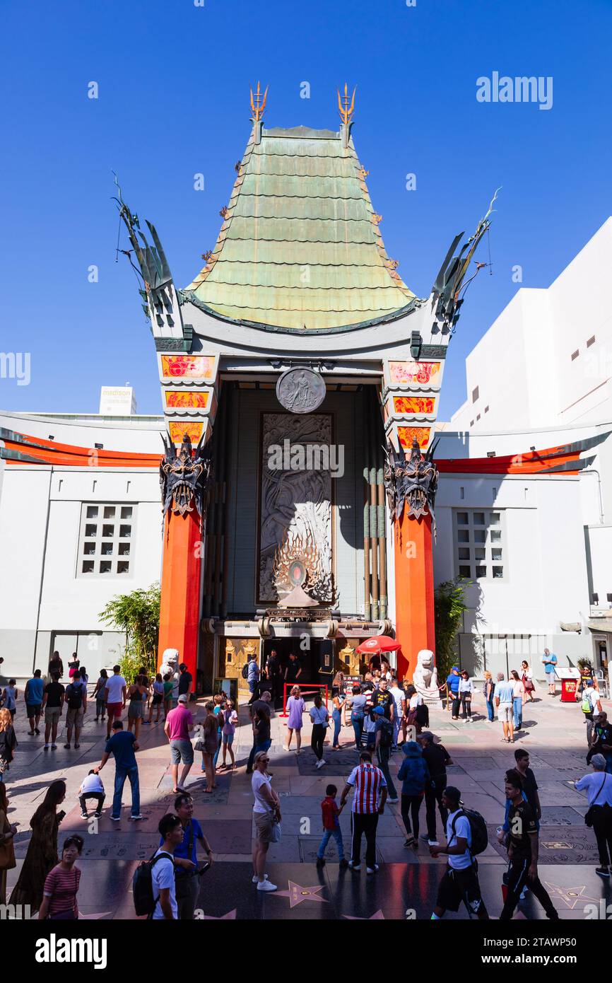 Historic Graumans TCL Chinese Theatre movie palace entrance and plaza with tourists. Hollywood Boulevard, Los Angeles, California Stock Photo