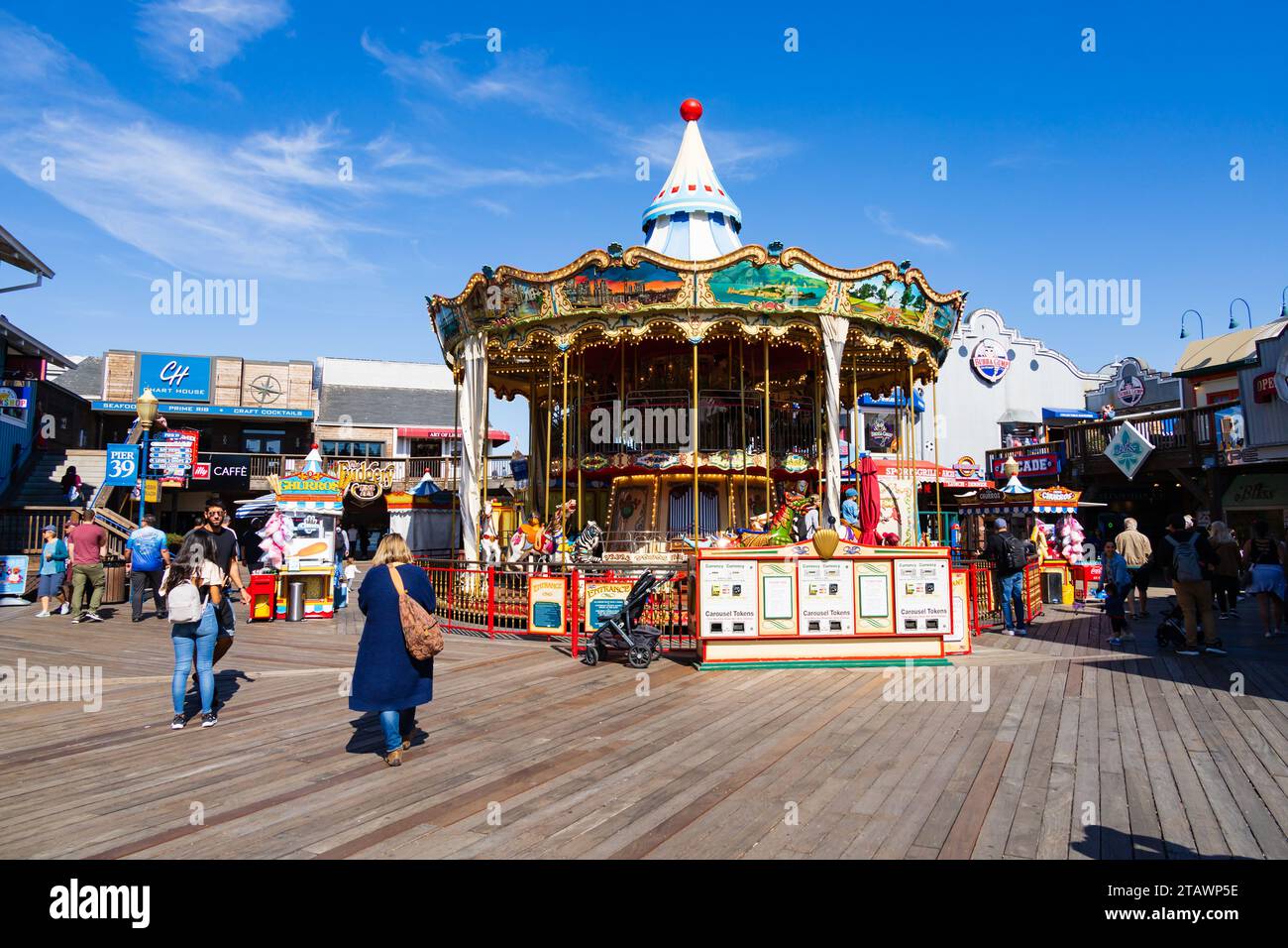 Funfair Carousel ride on Pier 39, San Francisco, California, USA Stock Photo