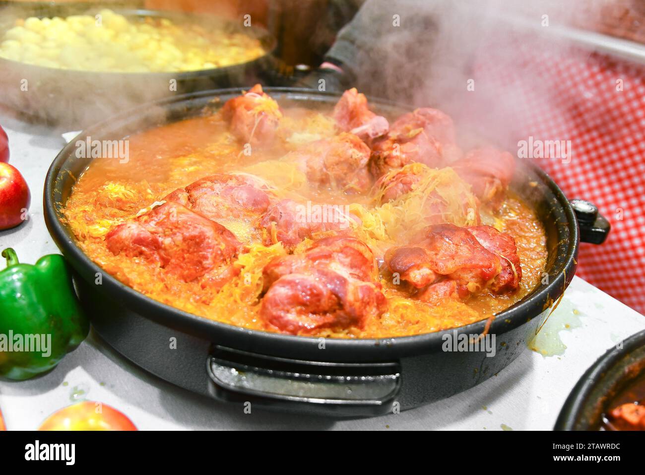 Street food meat ready to eat. Europian christmas market takeaway traditional hot food. Stock Photo