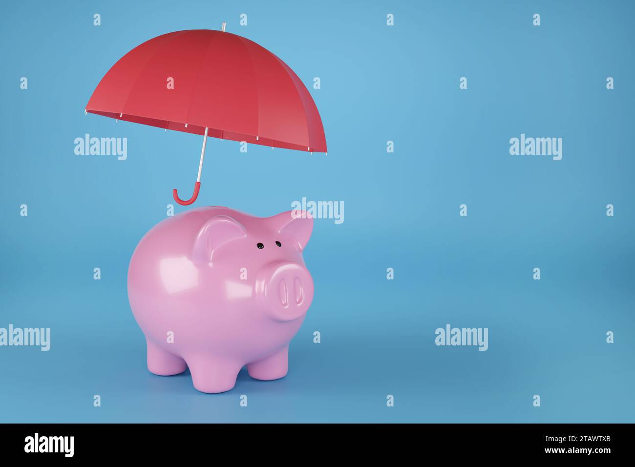 Piggy bank with umbrella with copy space. 3d illustration. Stock Photo