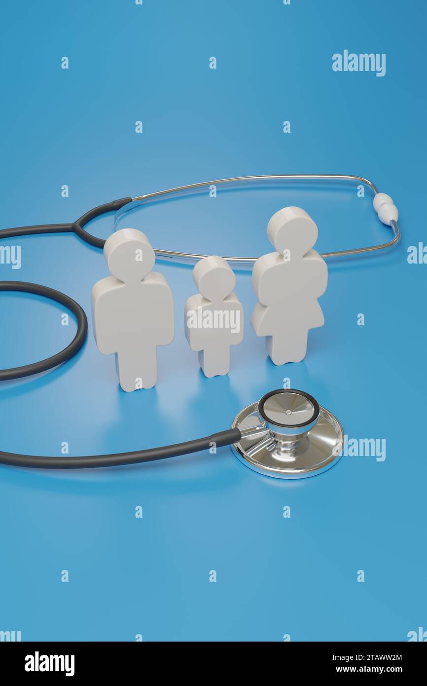 Figurines of a family next to a stethoscope.3d illustration. Stock Photo
