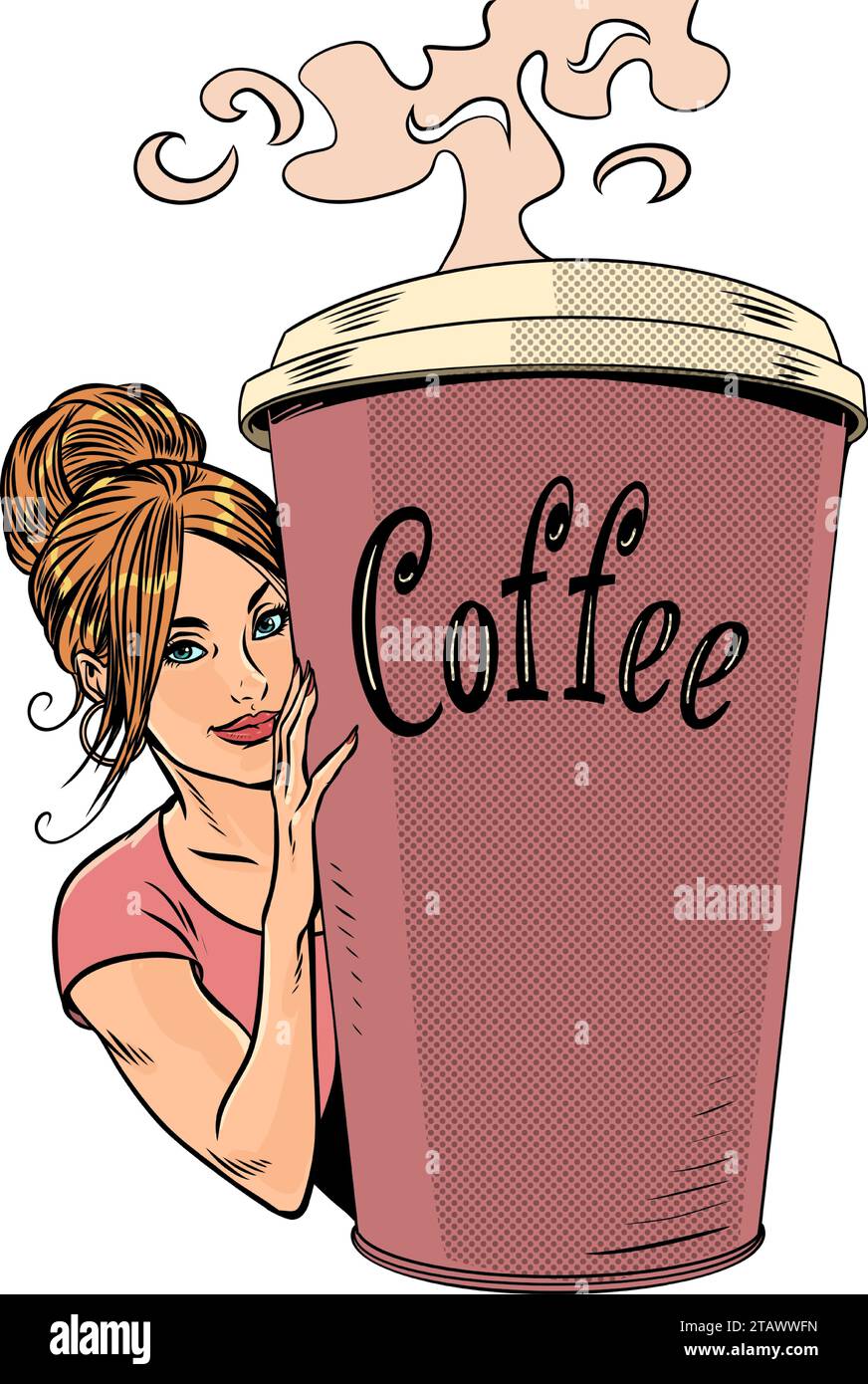 Seasonal advantageous offer from a coffee shop. The girl looks out to the left of the cup of coffee. A hot drink to warm you up. Pop Art Retro Vector Stock Vector
