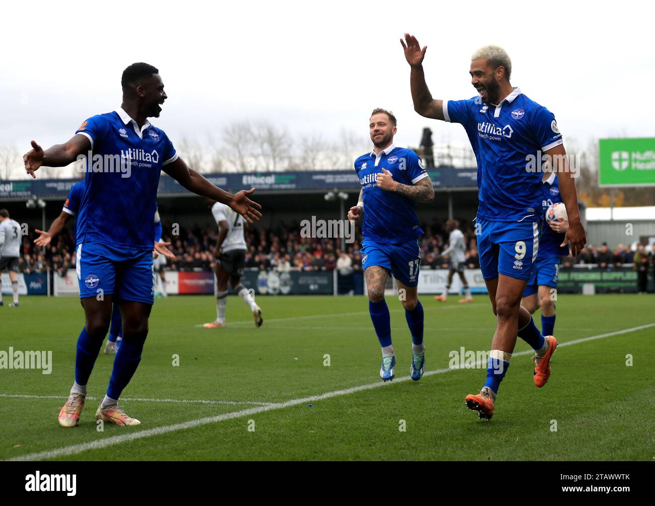Eastleigh's Paul McCallum (right) celebrates scoring the opening goal
