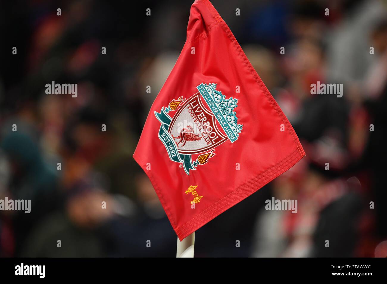 LIVERPOOL, England 30. November 2023; Corner flag LIVERPOOL, Atmosphere during the UEFA 2023 Europa League group match between Liverpool FC and Lask Linz, (Austria), Anfield Stadium, Liverpool, November 30th, 2023 (Photo by Anthony STANLEY / ATP images)  (STANLEY Anthony / ATP / SPP) Stock Photo