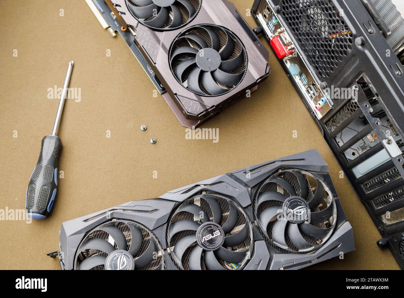 graphics card upgrading concept, two gaming graphics cards near desktop