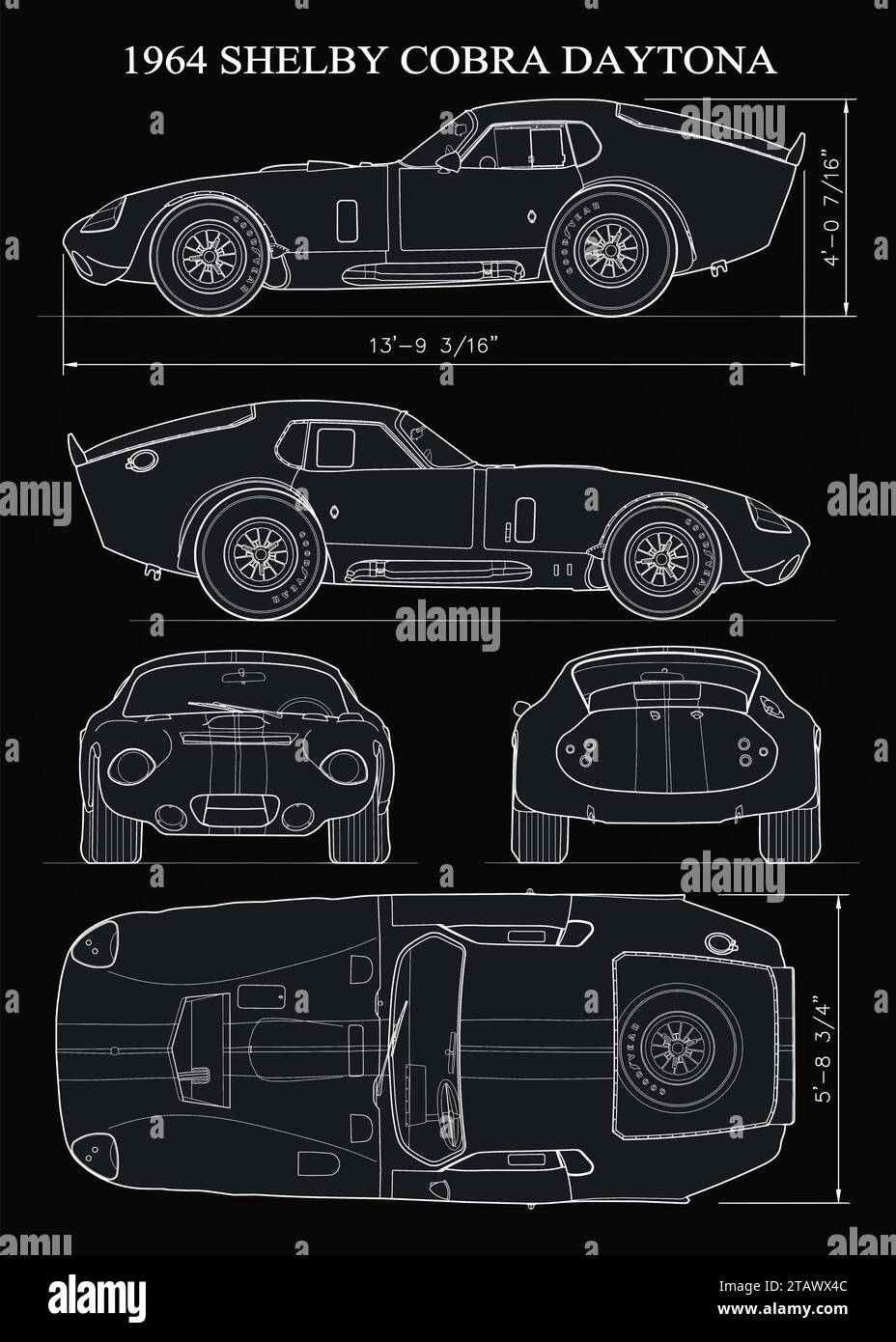 1964 Shelby Cobra Daytona Coupe Prototype Car Blueprint Stock Vector