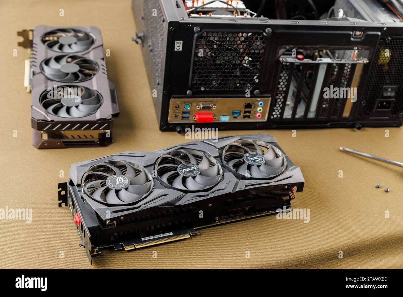 graphics card upgrading concept, two gaming graphics cards near desktop ...