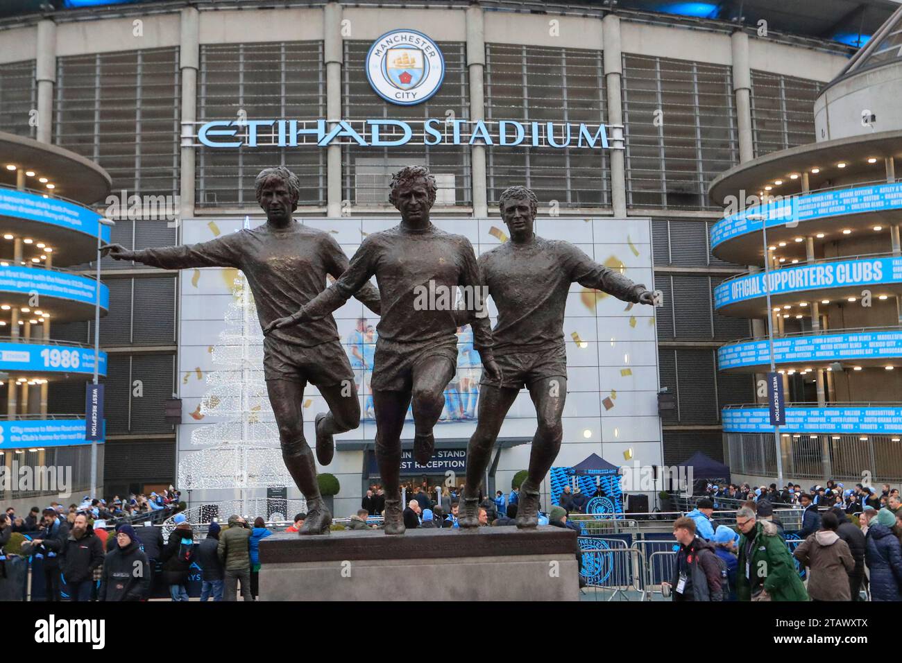 Manchester, UK. 03rd Dec, 2023. The new Trinity statue outside the Etihad ahead of the Premier