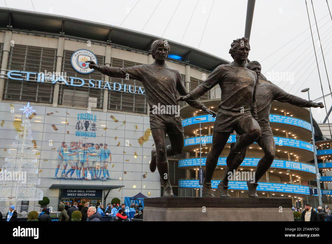 Manchester, UK. 03rd Dec, 2023. The Trinity statue outside the Etihad ahead of the Premier