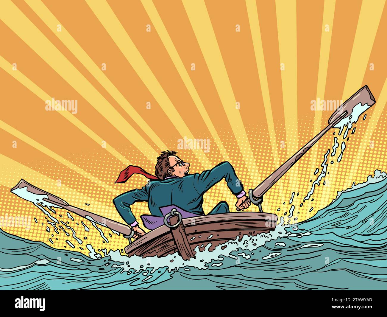 Rushing away from problems. An office employee sails off on a boat into the sunset. Severe emotional state in everyday work. Pop Art Retro Vector Illu Stock Vector