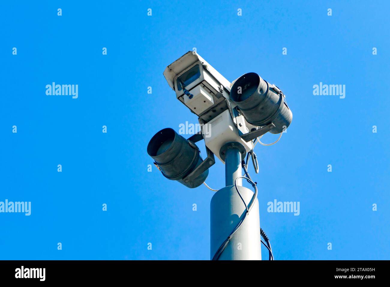 big brother is watching, CCTV camera against blue sky in Stoke on Trent Staffordshire UK Stock Photo